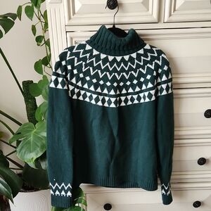 Duluth Trading Green Fair Isle Turtleneck Sweater